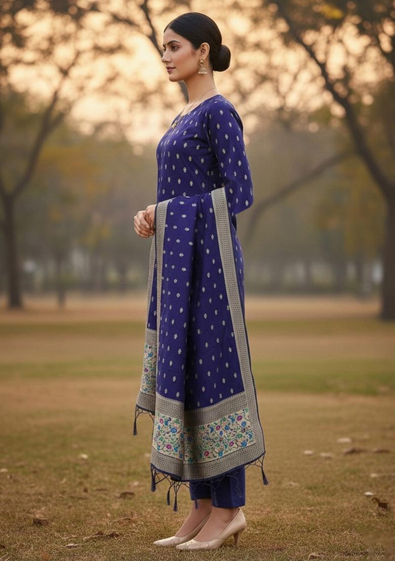 Navy Blue Zari Work Banarasi Silk Dress Material - Indya