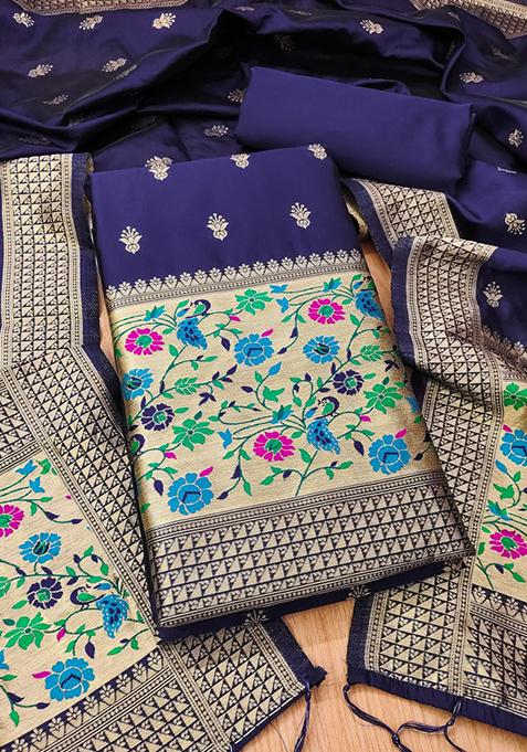 Navy Blue Zari Work Banarasi Silk Dress Material