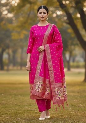Pink Zari Work Banarasi Silk Dress Material