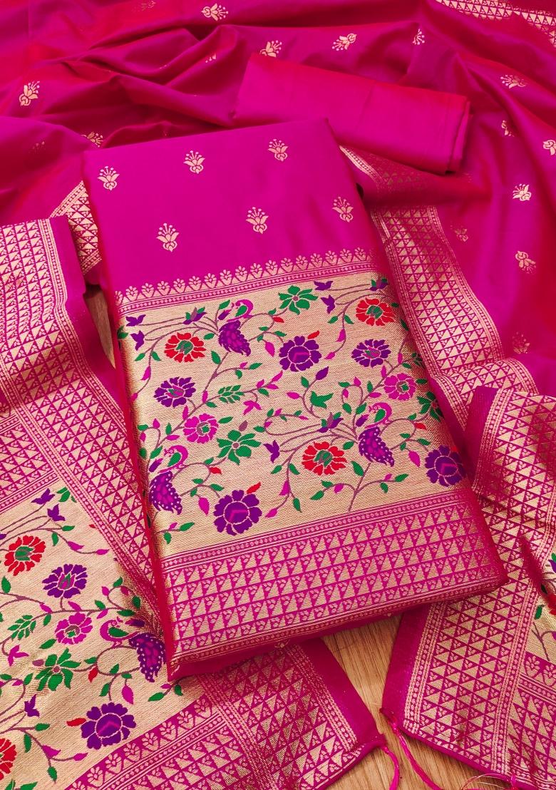 Pink Zari Work Banarasi Silk Dress Material