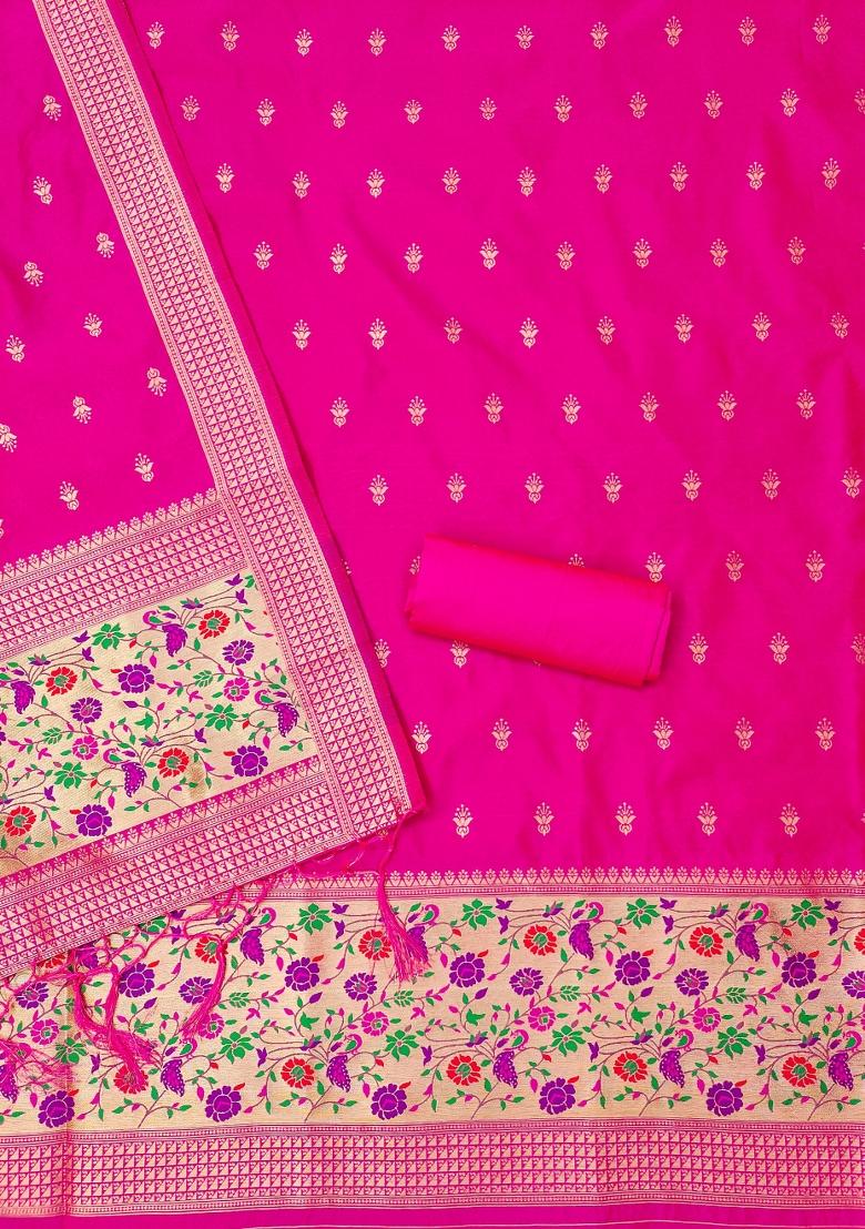 Pink Zari Work Banarasi Silk Dress Material