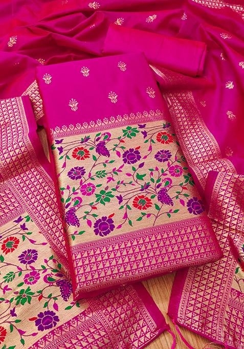 Pink Zari Work Banarasi Silk Dress Material