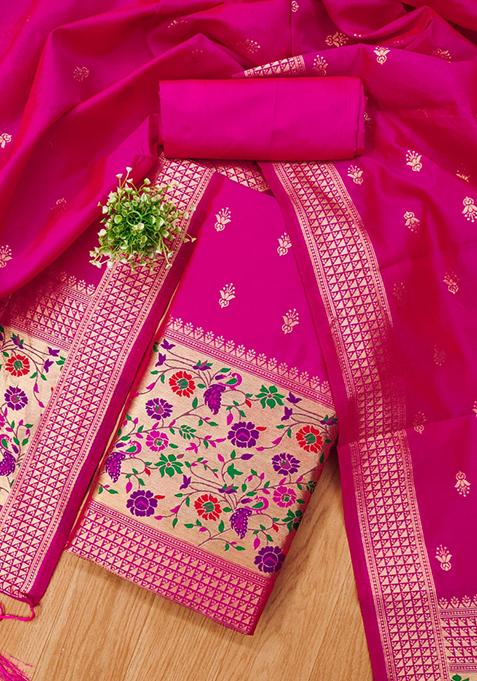 Pink Zari Work Banarasi Silk Dress Material