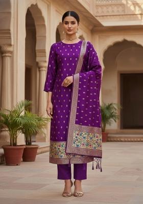 Purple Zari Work Banarasi Silk Dress Material