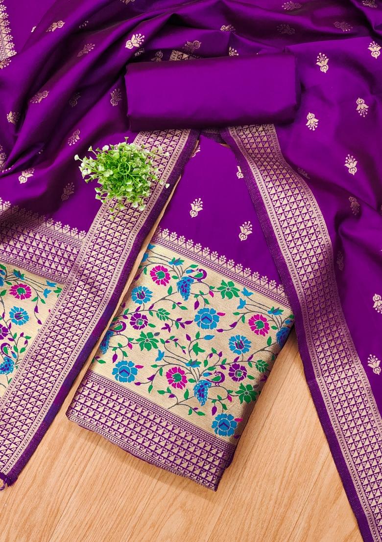 Purple Zari Work Banarasi Silk Dress Material