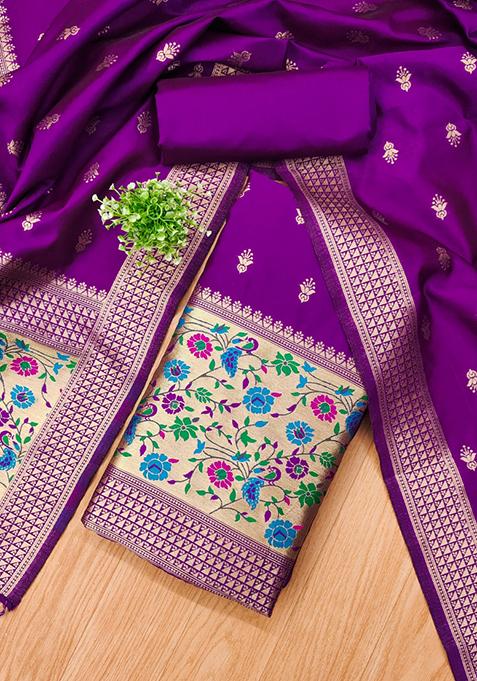 Purple Zari Work Banarasi Silk Dress Material