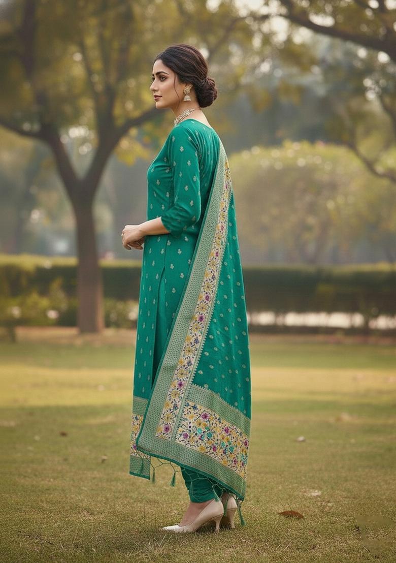 Rama Green Zari Work Banarasi Silk Dress Material - Indya
