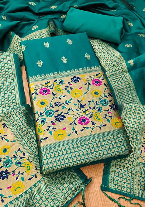 Rama Green Zari Work Banarasi Silk Dress Material