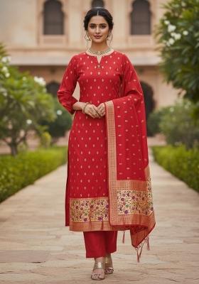 Red Zari Work Banarasi Silk Dress Material