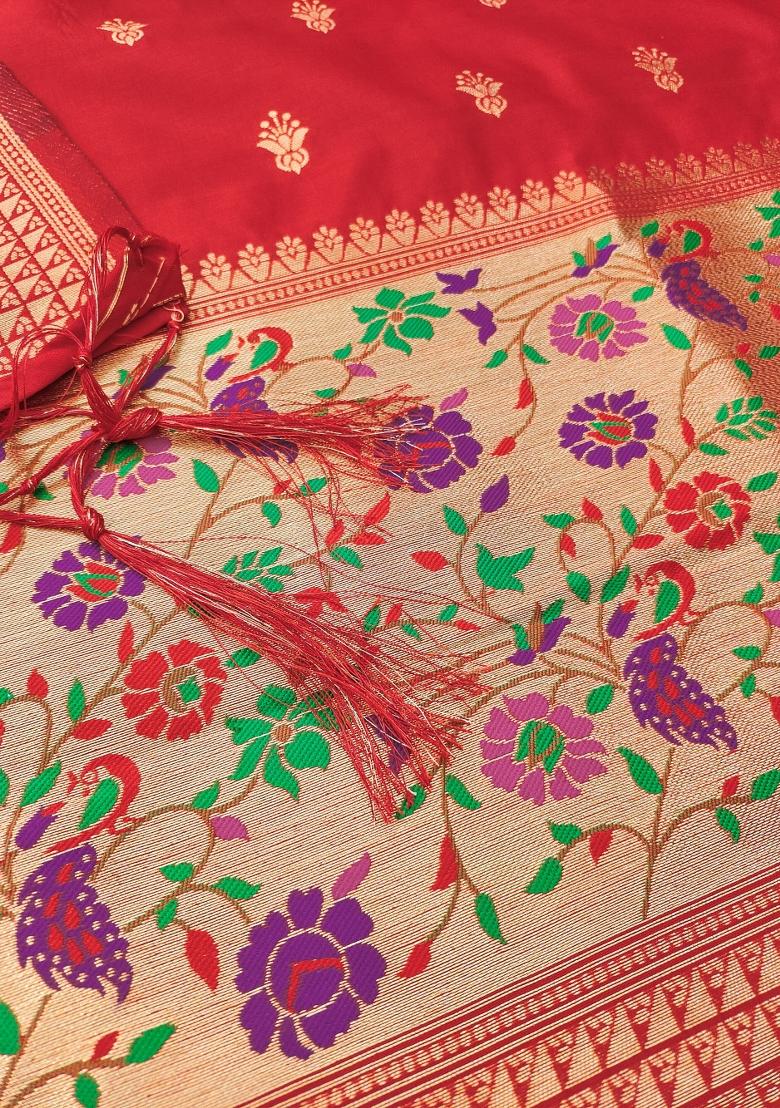 Red Zari Work Banarasi Silk Dress Material