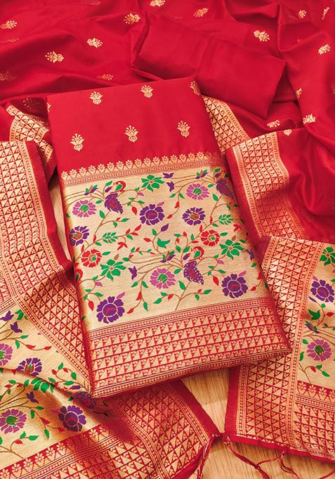 Red Zari Work Banarasi Silk Dress Material