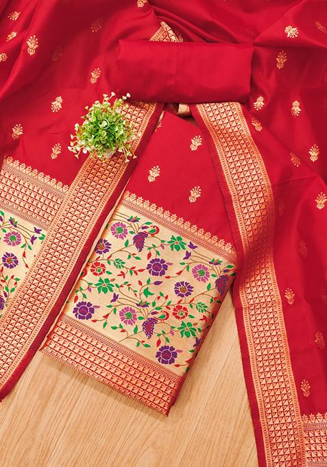 Red Zari Work Banarasi Silk Dress Material
