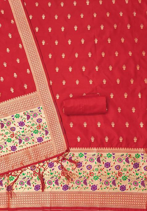 Red Zari Work Banarasi Silk Dress Material