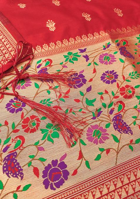 Red Zari Work Banarasi Silk Dress Material