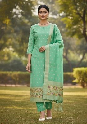 Sea Green Zari Work Banarasi Silk Dress Material