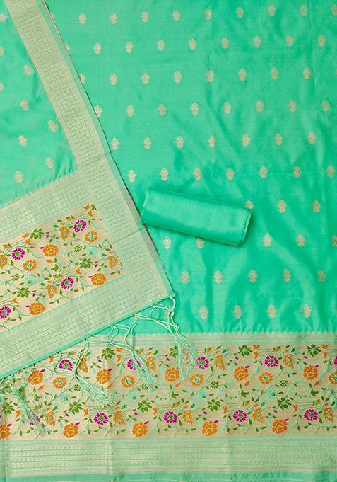 Sea Green Zari Work Banarasi Silk Dress Material