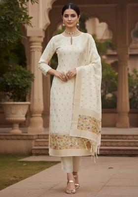 White Zari Work Banarasi Silk Dress Material