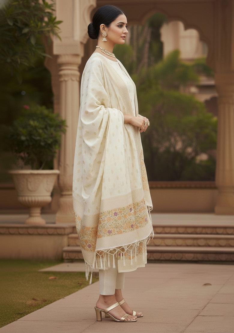 White Zari Work Banarasi Silk Dress Material - Indya
