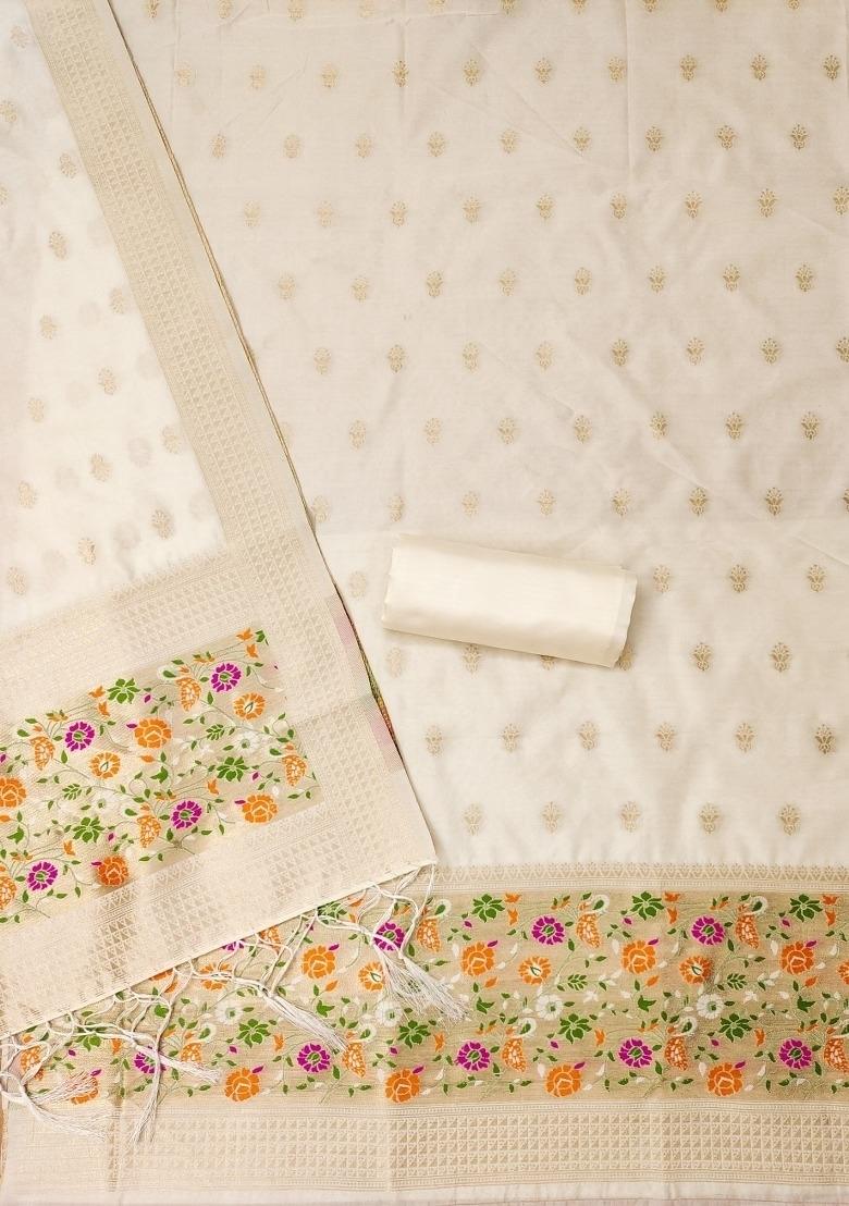 White Zari Work Banarasi Silk Dress Material - Indya