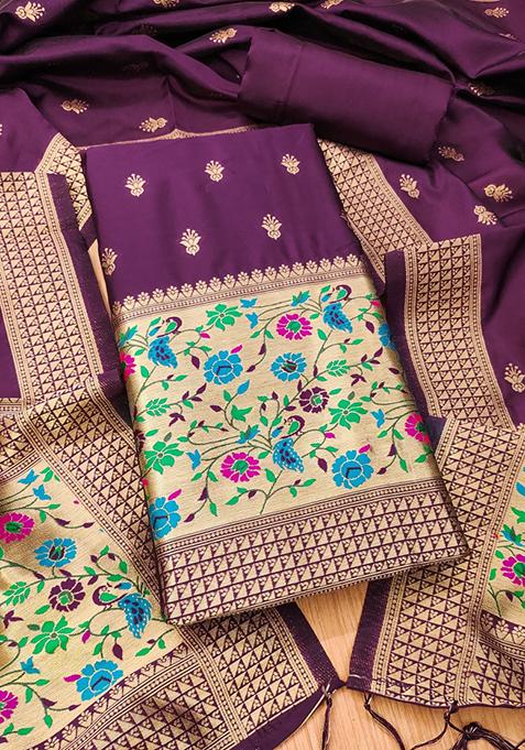 Wine Zari Work Banarasi Silk Dress Material