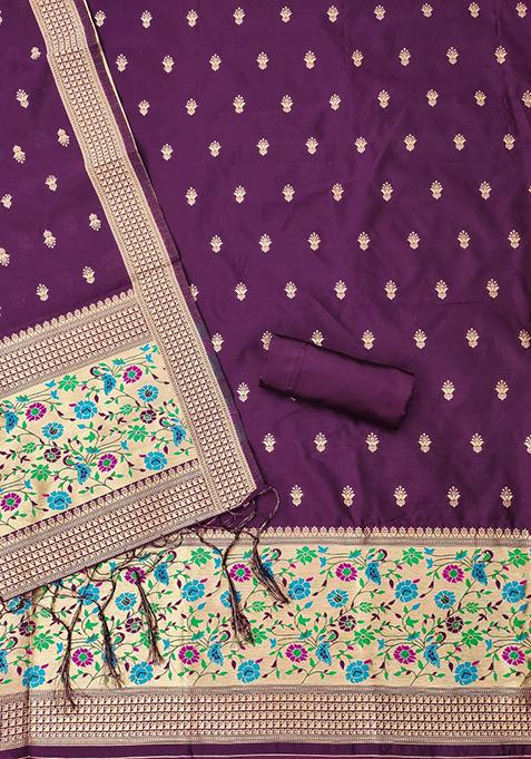 Wine Zari Work Banarasi Silk Dress Material