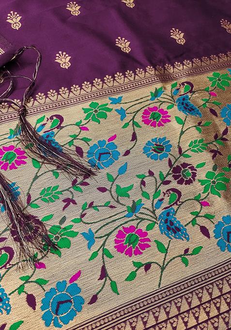 Wine Zari Work Banarasi Silk Dress Material