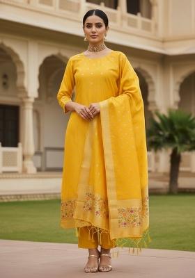 Yellow Zari Work Banarasi Silk Dress Material