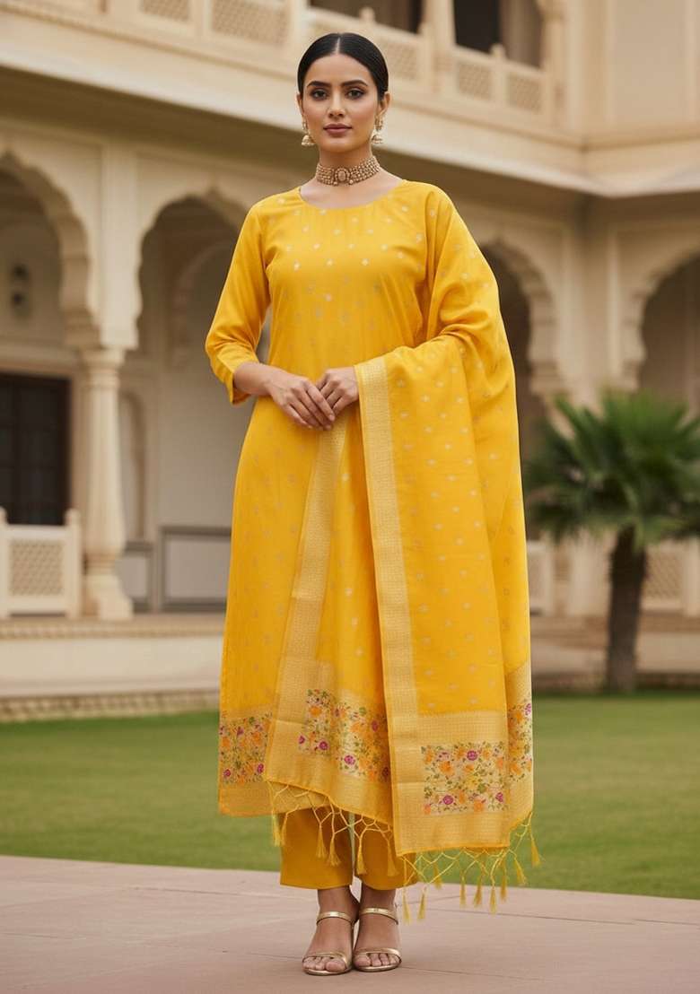 Yellow Embroidered Silk Blend Straight Kurta Set - Indya