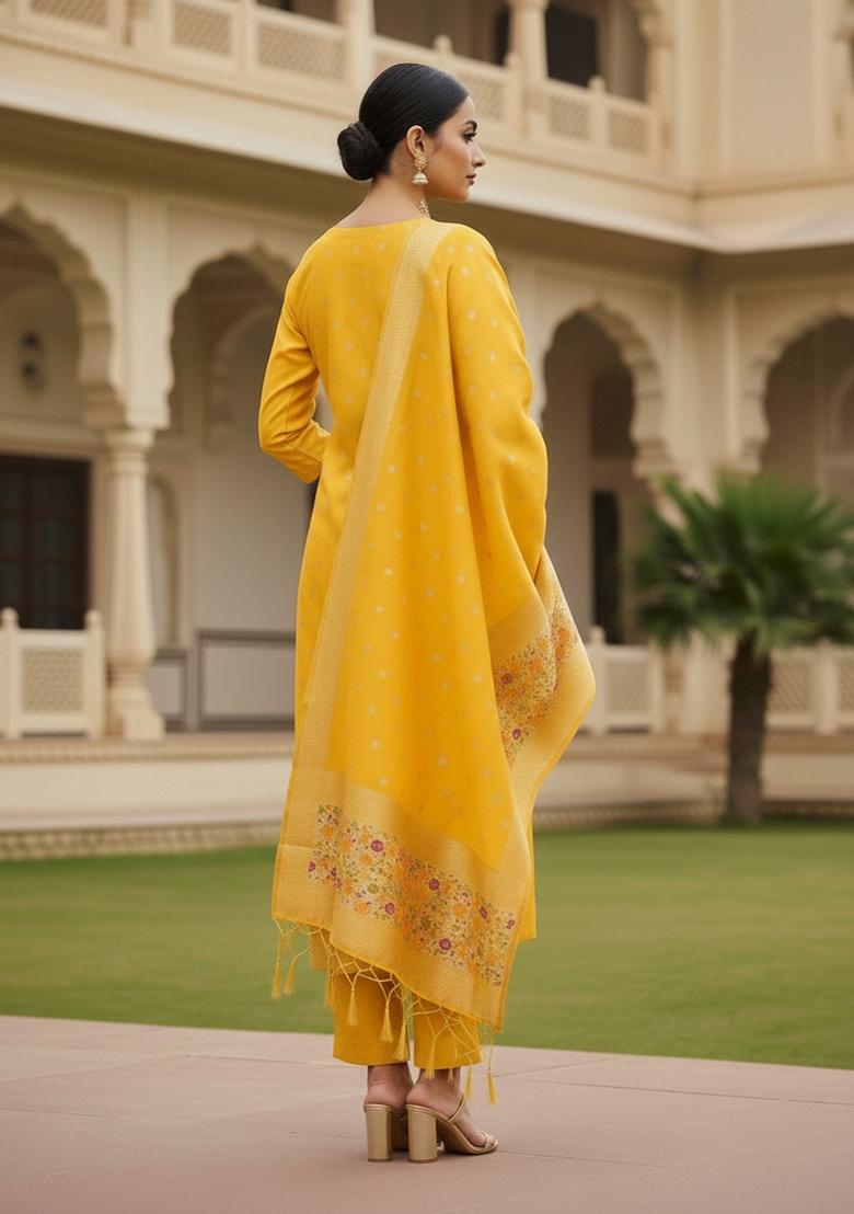 Yellow Zari Work Banarasi Silk Dress Material - Indya