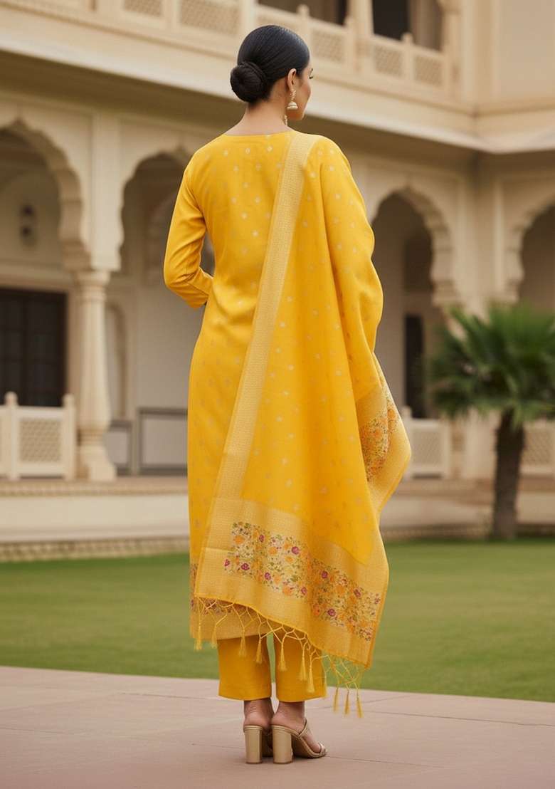 Yellow Embroidered Silk Blend Straight Kurta Set - Indya