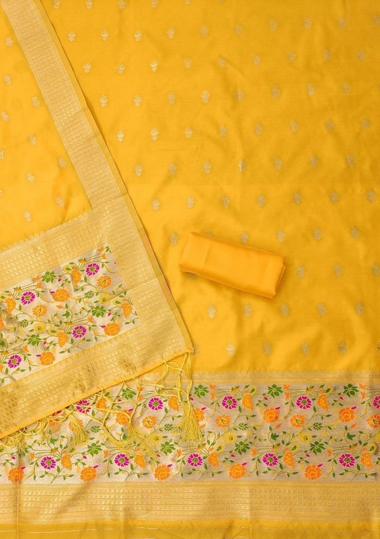 Yellow Zari Work Banarasi Silk Dress Material - Indya