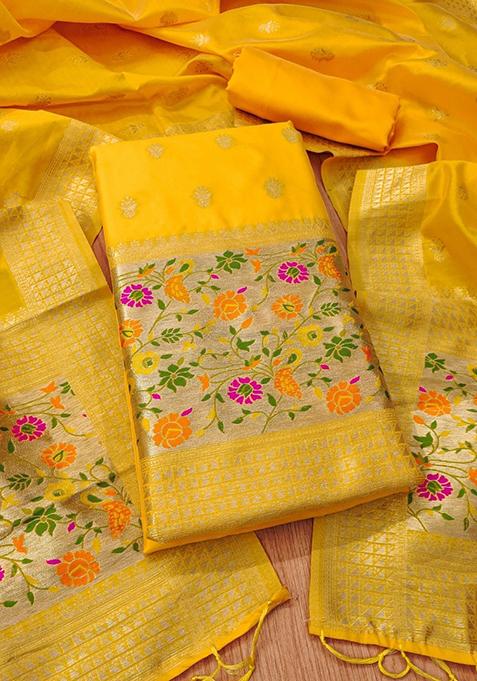 Yellow Zari Work Banarasi Silk Dress Material