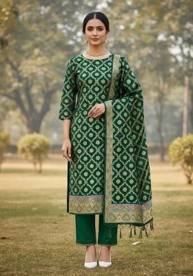Bottle Green Zari Work Banarasi Silk Dress Material