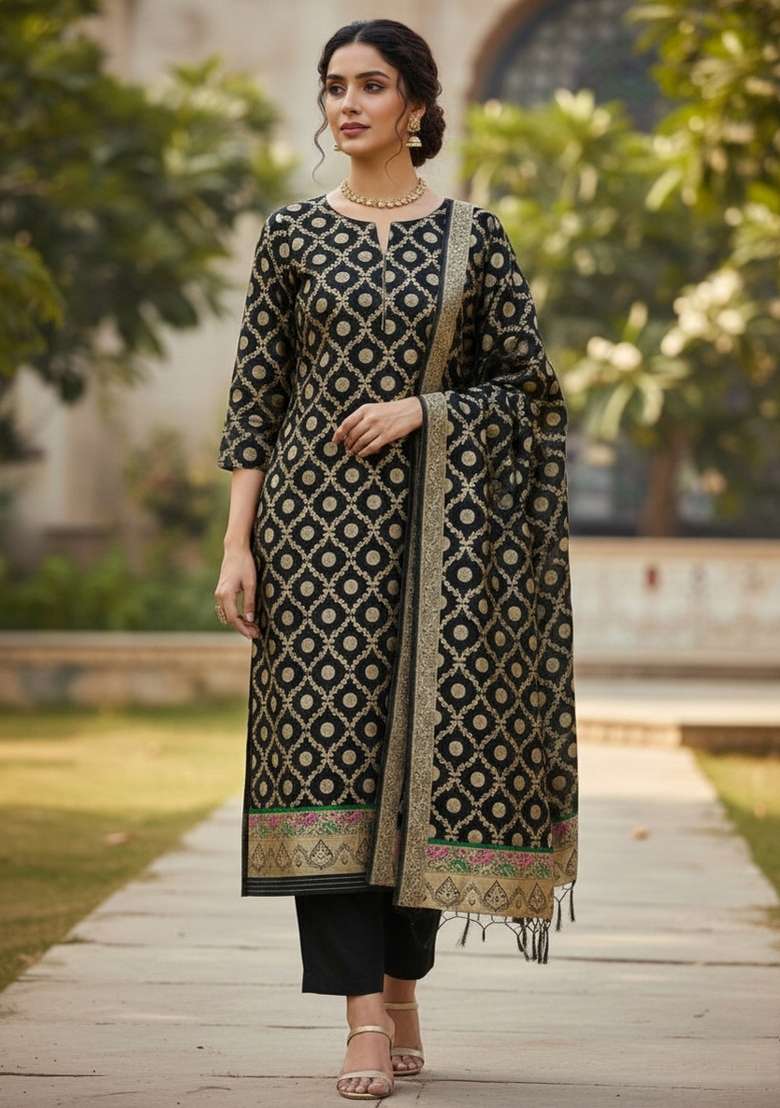 Black Jacquard Silk Blend Straight Kurta Set - Indya