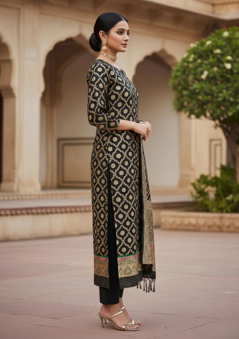 Black Zari Work Banarasi Silk Dress Material - Indya