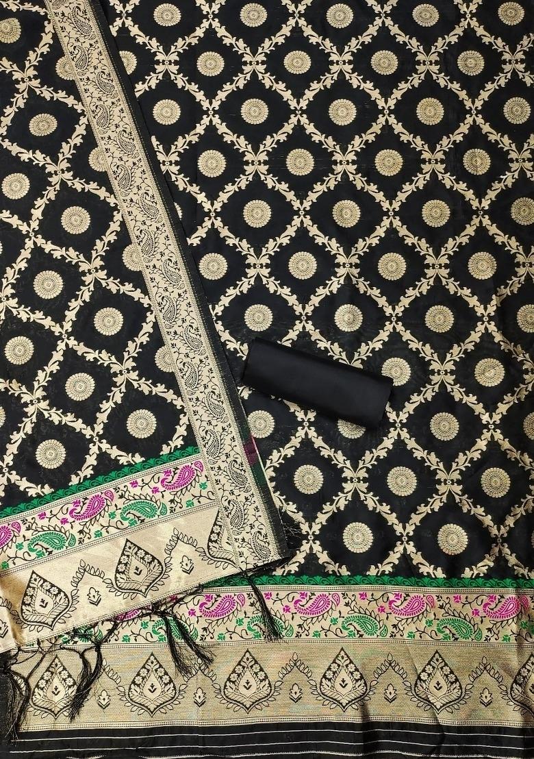 Black Zari Work Banarasi Silk Dress Material - Indya