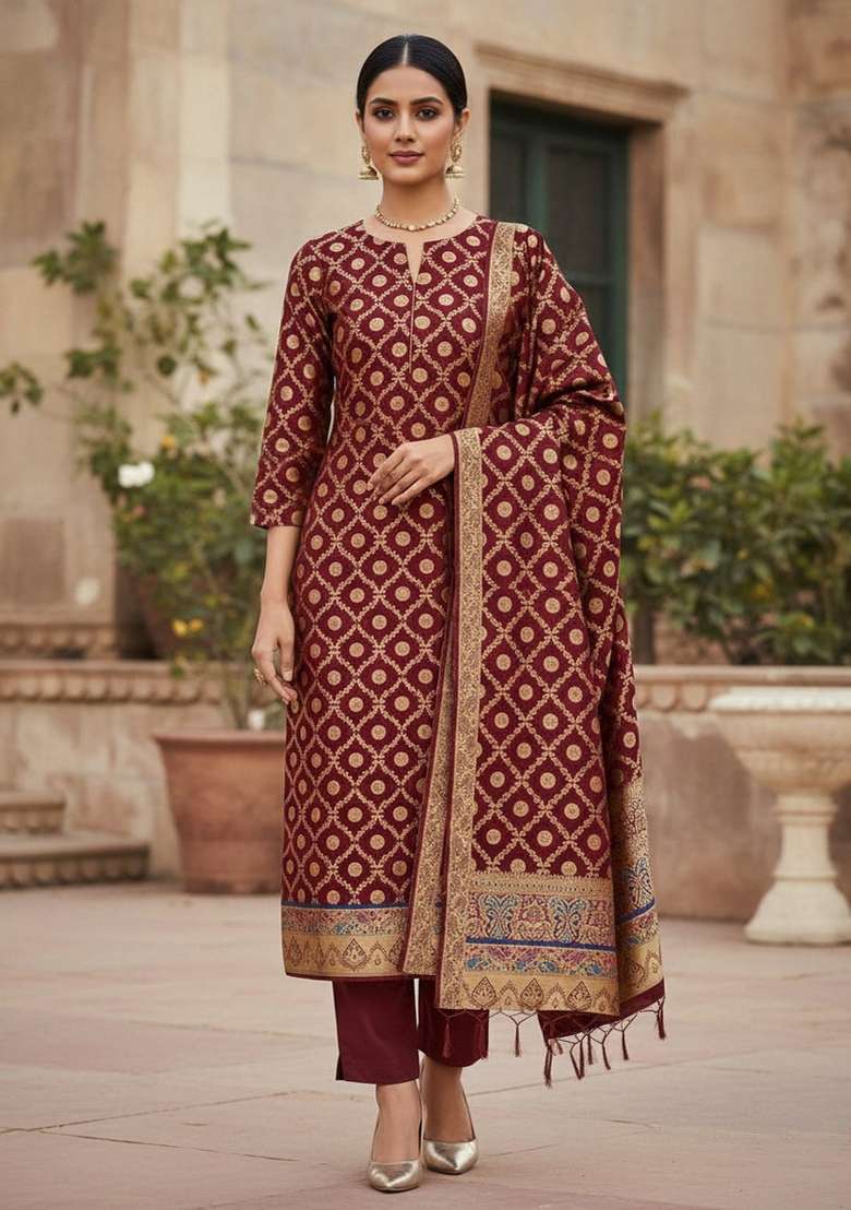 Maroon Jacquard Silk Blend Straight Kurta Set - Indya