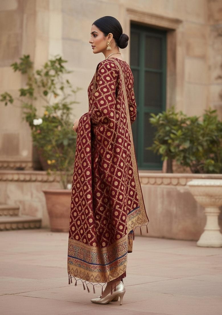 Maroon Zari Work Banarasi Silk Dress Material - Indya