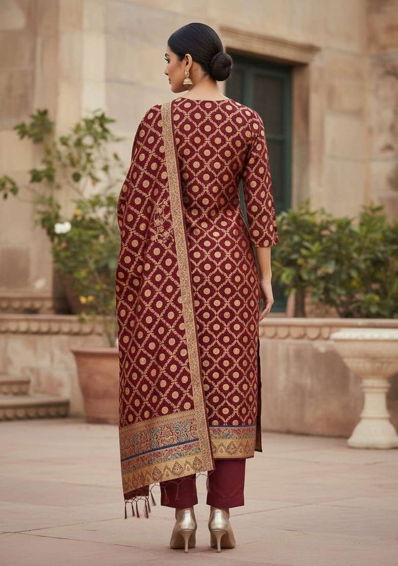 Maroon Jacquard Silk Blend Straight Kurta Set - Indya