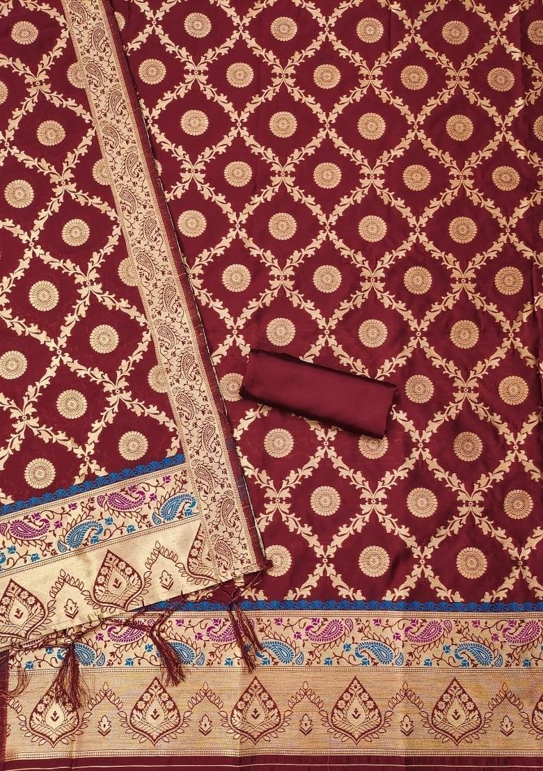 Maroon Zari Work Banarasi Silk Dress Material - Indya