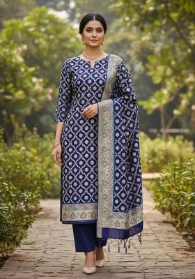 Navy Blue Zari Work Banarasi Silk Dress Material