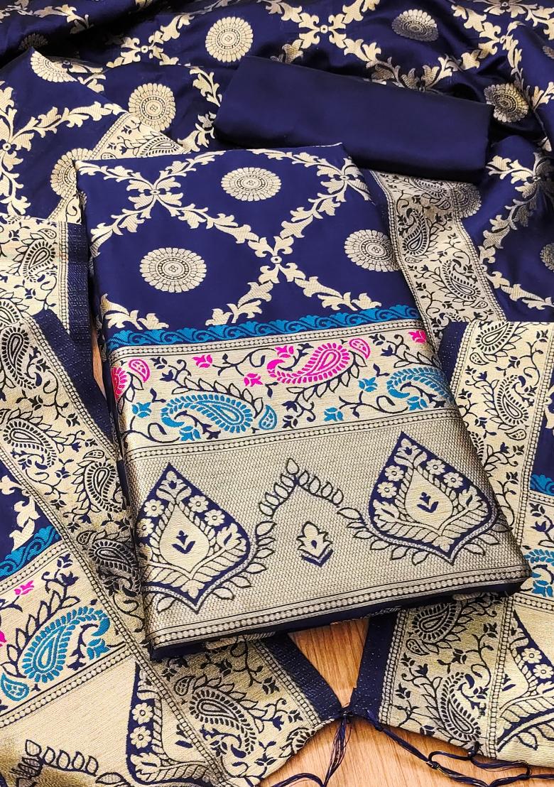 Navy Blue Zari Work Banarasi Silk Dress Material