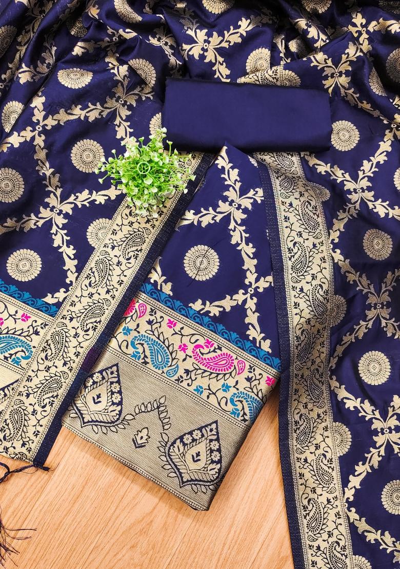 Navy Blue Zari Work Banarasi Silk Dress Material