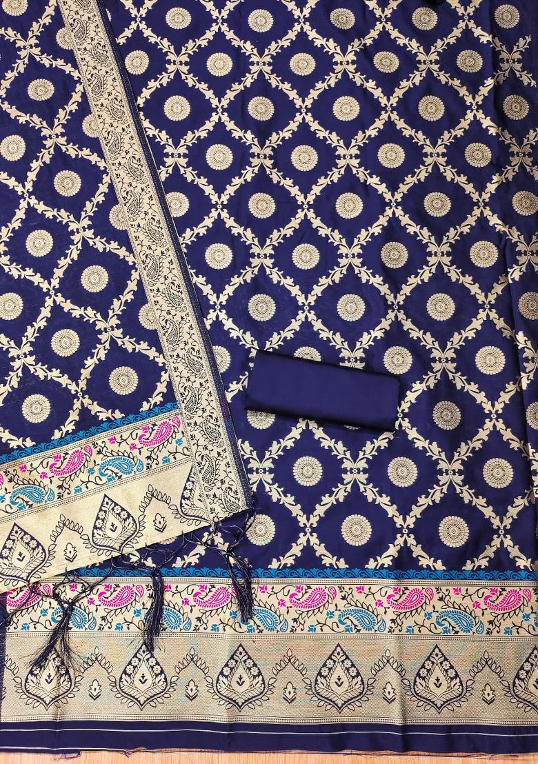 Navy Blue Zari Work Banarasi Silk Dress Material