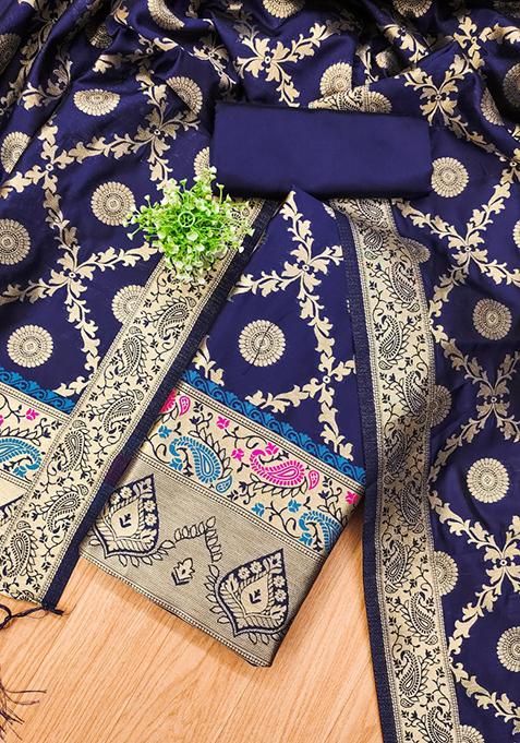 Navy Blue Zari Work Banarasi Silk Dress Material