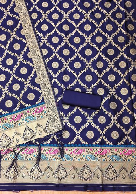 Navy Blue Zari Work Banarasi Silk Dress Material