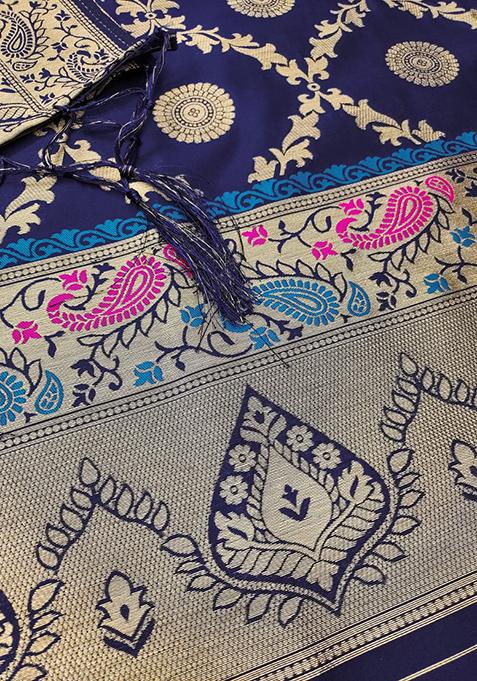 Navy Blue Zari Work Banarasi Silk Dress Material