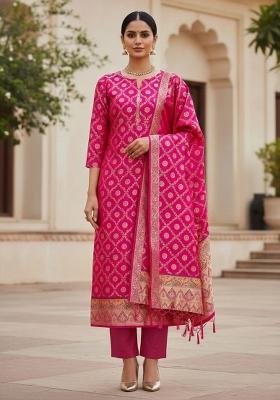 Pink Zari Work Banarasi Silk Dress Material