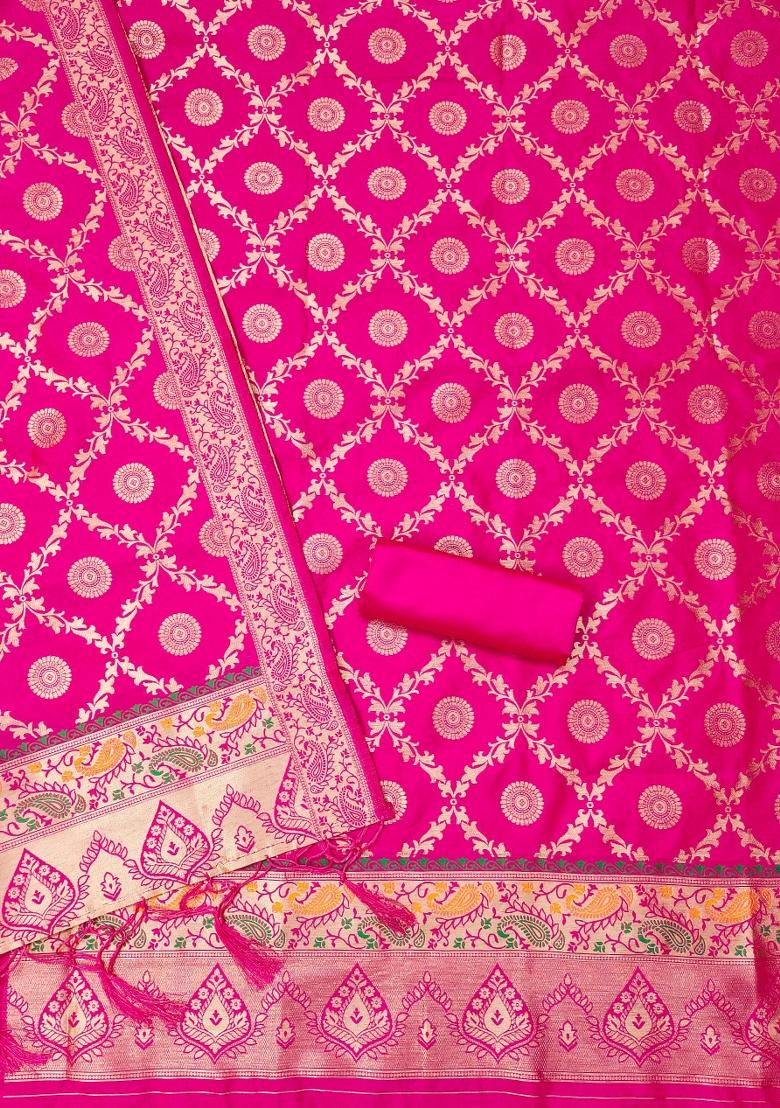 Pink Zari Work Banarasi Silk Dress Material