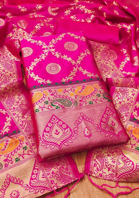 Pink Zari Work Banarasi Silk Dress Material